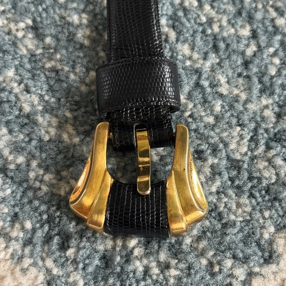 VTG Liz Claiborne Womens Belt Black Leather Lizard Embossed Gold Buckle Medium